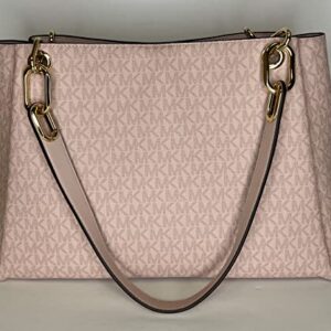 MICHAEL Michael Kors Trisha Large Triple Gusset Shoulder Tote bundled with Large Trifold Wallet and Michael Kors Purse Hook (Signature MK DK Powder Blush)