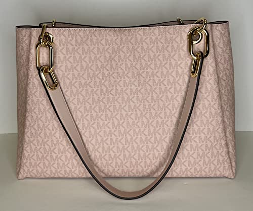 MICHAEL Michael Kors Trisha Large Triple Gusset Shoulder Tote bundled with Large Trifold Wallet and Michael Kors Purse Hook (Signature MK DK Powder Blush)