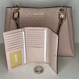 MICHAEL Michael Kors Trisha Large Triple Gusset Shoulder Tote bundled with Large Trifold Wallet and Michael Kors Purse Hook (Signature MK DK Powder Blush)