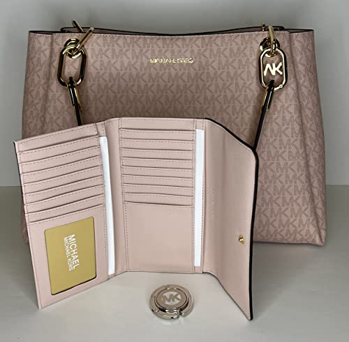 MICHAEL Michael Kors Trisha Large Triple Gusset Shoulder Tote bundled with Large Trifold Wallet and Michael Kors Purse Hook (Signature MK DK Powder Blush)