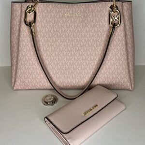 MICHAEL Michael Kors Trisha Large Triple Gusset Shoulder Tote bundled with Large Trifold Wallet and Michael Kors Purse Hook (Signature MK DK Powder Blush)