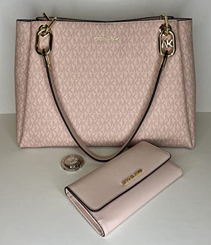 MICHAEL Michael Kors Trisha Large Triple Gusset Shoulder Tote bundled with Large Trifold Wallet and Michael Kors Purse Hook (Signature MK DK Powder Blush)