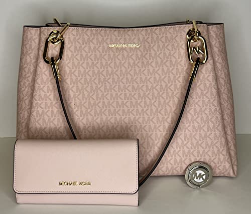 MICHAEL Michael Kors Trisha Large Triple Gusset Shoulder Tote bundled with Large Trifold Wallet and Michael Kors Purse Hook (Signature MK DK Powder Blush)