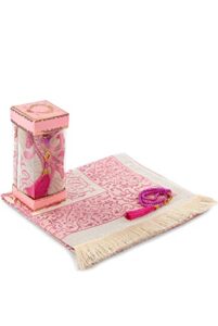 muslim prayer rug and prayer beads with elegant gift box | janamaz | sajadah | soft islamic prayer rug | islamic gifts set | prayer carpet mat, taffeta fabric, pink