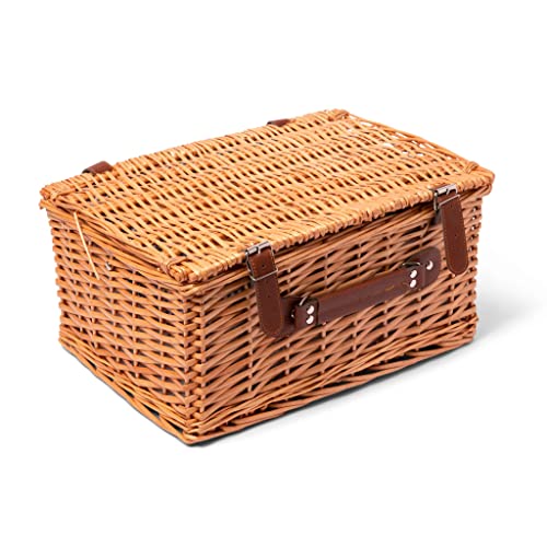 Wicker Picnic Basket Set for 4 Persons Portable Willow Hamper Large Capacity, Lightweight, Durable, and Washable Cotton Cloth Basket with Handle and Lid for Outdoor, Family, Camping (16 x 12 x 7.1in)