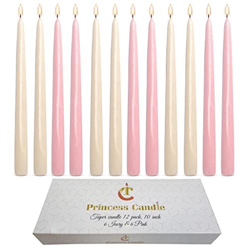 Princess 12 Pack Tall Taper Candles - 10 Inch 6 Ivory, 6 Pink Dripless, Unscented Tapered Candle - Paraffin Wax with Cotton Wicks - 7.5 Hour Burning time