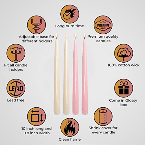 Princess 12 Pack Tall Taper Candles - 10 Inch 6 Ivory, 6 Pink Dripless, Unscented Tapered Candle - Paraffin Wax with Cotton Wicks - 7.5 Hour Burning time