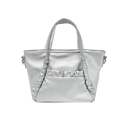 OLIVIA & KATE Women's Vegan Leather Silver Satchel Bag With Dual Top Handles And Removable Chain Strap