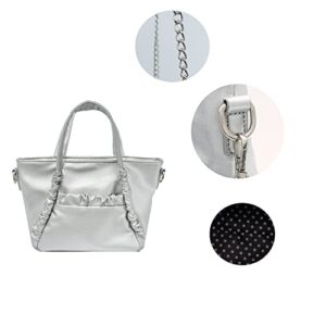 OLIVIA & KATE Women's Vegan Leather Silver Satchel Bag With Dual Top Handles And Removable Chain Strap