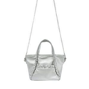 OLIVIA & KATE Women's Vegan Leather Silver Satchel Bag With Dual Top Handles And Removable Chain Strap