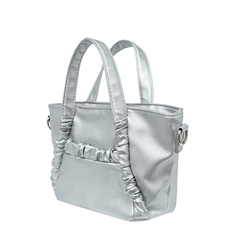 OLIVIA & KATE Women's Vegan Leather Silver Satchel Bag With Dual Top Handles And Removable Chain Strap