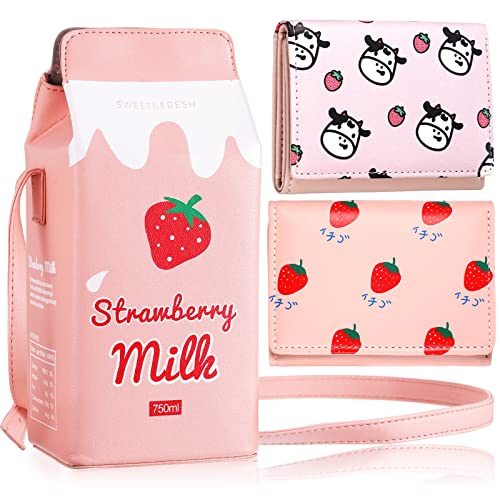 3 Pieces Kawaii Strawberry Milk Box Cross Body Purse Bag Cute Cow Strawberry Print Tri Folded Purse Pocket Phone Wallet Shoulder Bags ID Card Holder Fruit Novelty Purse Pink Girl Purse Shoulder Bags