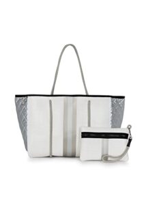 haute shore – greyson vapor neoprene tote bag w/zipper wristlet inside, white coated w/silver & rosegold stripe, one_size