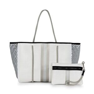 Haute Shore - Greyson Vapor Neoprene Tote Bag w/Zipper Wristlet Inside, White Coated W/Silver & Rosegold Stripe, One_Size