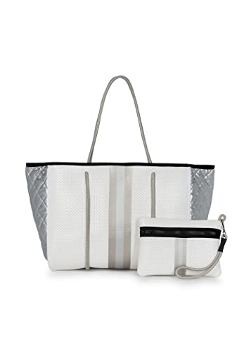 Haute Shore - Greyson Vapor Neoprene Tote Bag w/Zipper Wristlet Inside, White Coated W/Silver & Rosegold Stripe, One_Size