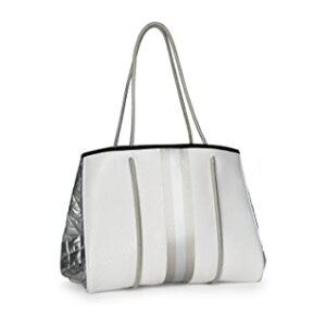 Haute Shore - Greyson Vapor Neoprene Tote Bag w/Zipper Wristlet Inside, White Coated W/Silver & Rosegold Stripe, One_Size