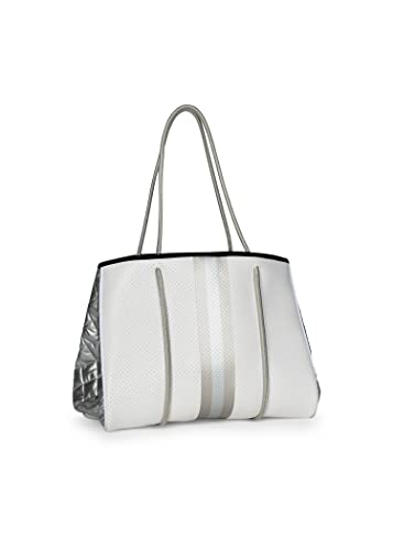 Haute Shore - Greyson Vapor Neoprene Tote Bag w/Zipper Wristlet Inside, White Coated W/Silver & Rosegold Stripe, One_Size