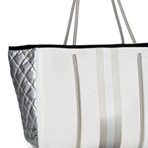 Haute Shore - Greyson Vapor Neoprene Tote Bag w/Zipper Wristlet Inside, White Coated W/Silver & Rosegold Stripe, One_Size