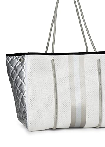 Haute Shore - Greyson Vapor Neoprene Tote Bag w/Zipper Wristlet Inside, White Coated W/Silver & Rosegold Stripe, One_Size