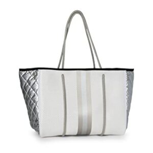 Haute Shore - Greyson Vapor Neoprene Tote Bag w/Zipper Wristlet Inside, White Coated W/Silver & Rosegold Stripe, One_Size