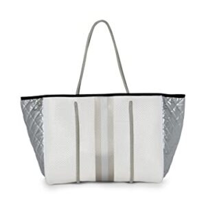 Haute Shore - Greyson Vapor Neoprene Tote Bag w/Zipper Wristlet Inside, White Coated W/Silver & Rosegold Stripe, One_Size