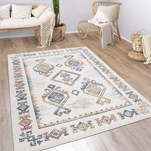 ethnic design area rug in beige with colorful boho pattern, size: 3’11” x 5’7″