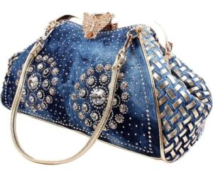 1pc blue jeans fireworks beautifully rhinestones decor top handle handbags with shoulder strap messenger bag gold color