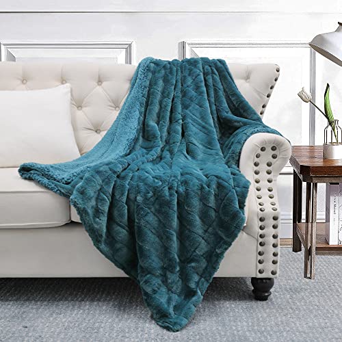 BYTIDE Stripe Faux Fur Plush Throw Blankets with Sherpa Back, Super Soft Warm Cozy Fluffy Fuzzy Reversible Luxury Throw for Couch Sofa Chair Bed Cover, 50" x 60", Greenish Blue