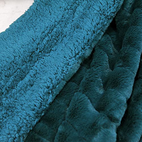 BYTIDE Stripe Faux Fur Plush Throw Blankets with Sherpa Back, Super Soft Warm Cozy Fluffy Fuzzy Reversible Luxury Throw for Couch Sofa Chair Bed Cover, 50" x 60", Greenish Blue