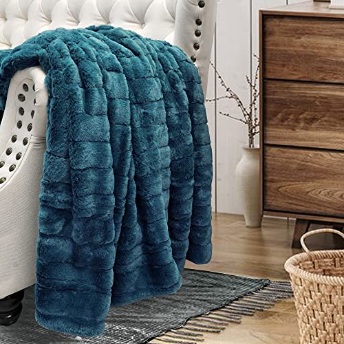 BYTIDE Stripe Faux Fur Plush Throw Blankets with Sherpa Back, Super Soft Warm Cozy Fluffy Fuzzy Reversible Luxury Throw for Couch Sofa Chair Bed Cover, 50" x 60", Greenish Blue