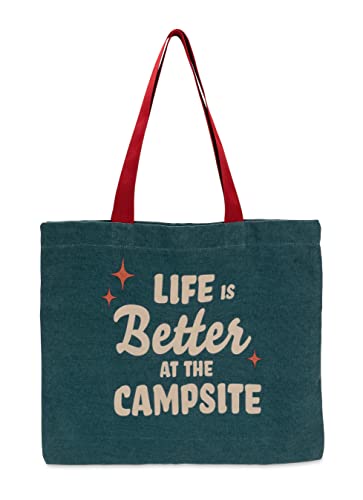 Camco Life is Better at The Campsite Tote Bag | Perfect for Groceries, Shopping or as a Purse | Gray/Blue Tote Bag with Red Retro Stars & Large, Tan Life is Better at The Campsite Text (53481)