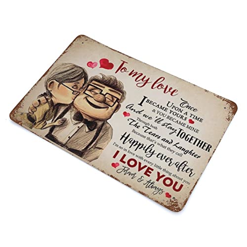 VIOFLOW Vintage Metal Tin Sign Carl and Ellie to My Love Once Upon A Time I Became Yours I Love You Valentine's Day Sign Funny Novelty Kitchen Bar Garage Home Decor Wall Art Tin Signs 8X12 Inches