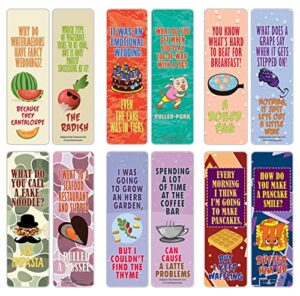 creanoso funny food jokes puns bookmarks (60-pack) – unique stocking stuffers gifts for boys & girls, unisex adults – cool book page clippers collection set for kids – awesome giveaways