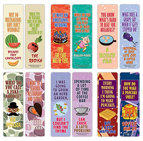 Creanoso Funny Food Jokes Puns Bookmarks (60-Pack) – Unique Stocking Stuffers Gifts for Boys & Girls, Unisex Adults – Cool Book Page Clippers Collection Set for Kids – Awesome Giveaways