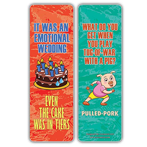 Creanoso Funny Food Jokes Puns Bookmarks (60-Pack) – Unique Stocking Stuffers Gifts for Boys & Girls, Unisex Adults – Cool Book Page Clippers Collection Set for Kids – Awesome Giveaways