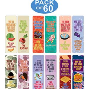 Creanoso Funny Food Jokes Puns Bookmarks (60-Pack) – Unique Stocking Stuffers Gifts for Boys & Girls, Unisex Adults – Cool Book Page Clippers Collection Set for Kids – Awesome Giveaways