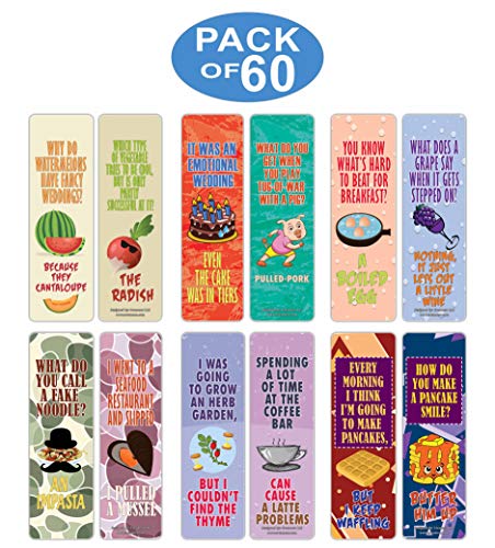 Creanoso Funny Food Jokes Puns Bookmarks (60-Pack) – Unique Stocking Stuffers Gifts for Boys & Girls, Unisex Adults – Cool Book Page Clippers Collection Set for Kids – Awesome Giveaways