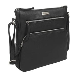 assots genuine leather crossbody bag for women – triple zip crossover purse travel bag fits ipad pro 11” (agatha – black pebble grain)