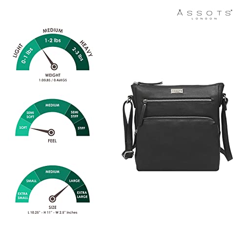 ASSOTS Genuine Leather Crossbody Bag for Women – Triple Zip Crossover Purse Travel Bag Fits iPad Pro 11” (AGATHA - Black Pebble Grain)