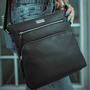 ASSOTS Genuine Leather Crossbody Bag for Women – Triple Zip Crossover Purse Travel Bag Fits iPad Pro 11” (AGATHA - Black Pebble Grain)