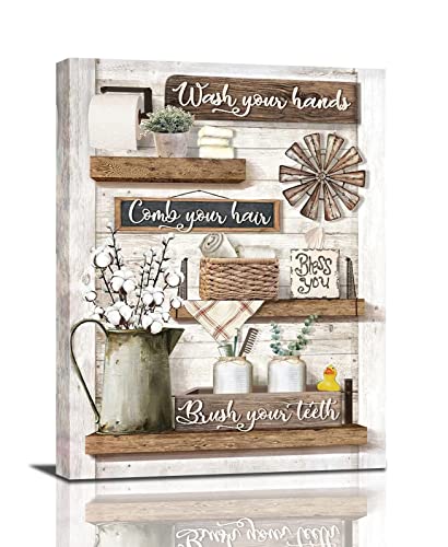 Fuzawet Farmhouse Bathroom Decor Wall Art Rustic Bathroom Pictures Canvas Print Country Bathroom Signs Painting Artwork Modern Home Decorations for Bathroom Framed Ready to Hang 12x16in