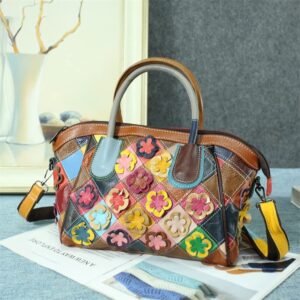 Maxzoom Womens Genuine Leather Hobo Bag Colorful Shoulder Handbag Purses with Contrast Color Patchwork and Handmade