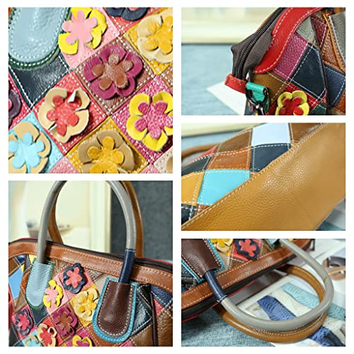 Maxzoom Womens Genuine Leather Hobo Bag Colorful Shoulder Handbag Purses with Contrast Color Patchwork and Handmade