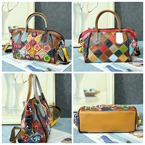 Maxzoom Womens Genuine Leather Hobo Bag Colorful Shoulder Handbag Purses with Contrast Color Patchwork and Handmade