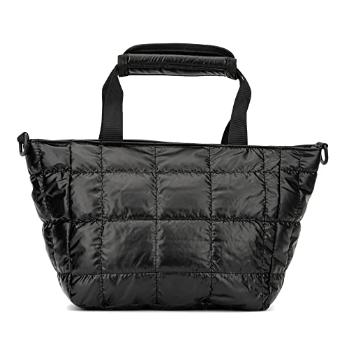 Olivia Miller Women's Fashion Sutton Black Quilted Padded Crossbody Tote Bag w Removable Strap, Medium Weekender Casual Purse Handbag