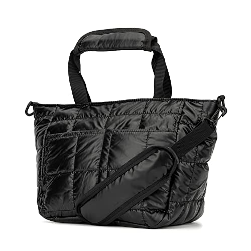 Olivia Miller Women's Fashion Sutton Black Quilted Padded Crossbody Tote Bag w Removable Strap, Medium Weekender Casual Purse Handbag