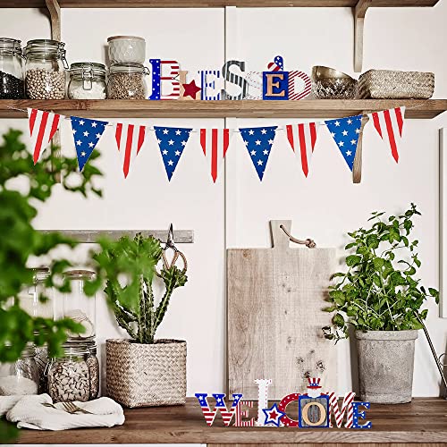 DECSPAS 4th of July Decorations, 2 PCS Large Size BLESSED WELCOME Sign 4th of July Patriotic Decor for Living Room, Mantle, Dining Table, Stars and Stripes Ornaments Memorial Day Independence Day Fourth of July Memorial Day Decorations for the Home