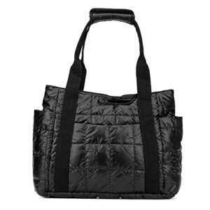 olivia miller women’s fashion sutton black quilted padded tote bag, medium weekender casual purse handbag