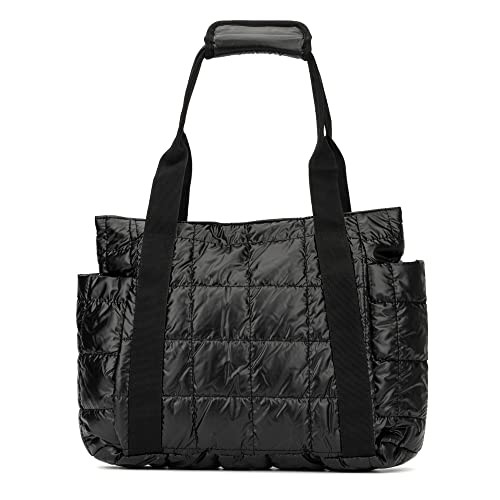 Olivia Miller Women's Fashion Sutton Black Quilted Padded Tote Bag, Medium Weekender Casual Purse Handbag