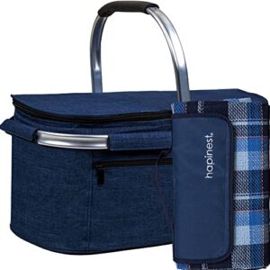 hapinest 34l large picnic basket and blanket set for 2-6, blue heather navy | insulated collapsible basket with waterproof outdoor beach blanket | gifts for couples, housewarming, or wedding
